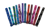 Lupine large dog collars in various patterns including dog bone, turtles, peacock feather, flowers, swirls, hearts and more. In a range of colors of blue, purple, orange, pink and black.
